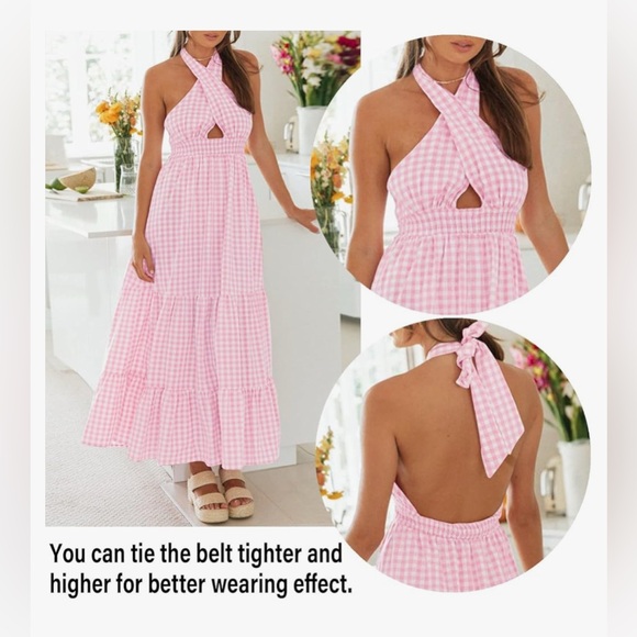 Zesica Summer Crossover Halter Neck Plaid Smock Cutout Backless Flowy Maxi Dress - Picture 2 of 12